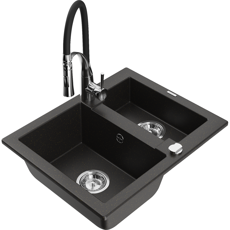 Mexen Carlos 1-compartment granite sink with a kitchen mixer tap Aster, Black/Gold metallic - 6518-75-73450-07
