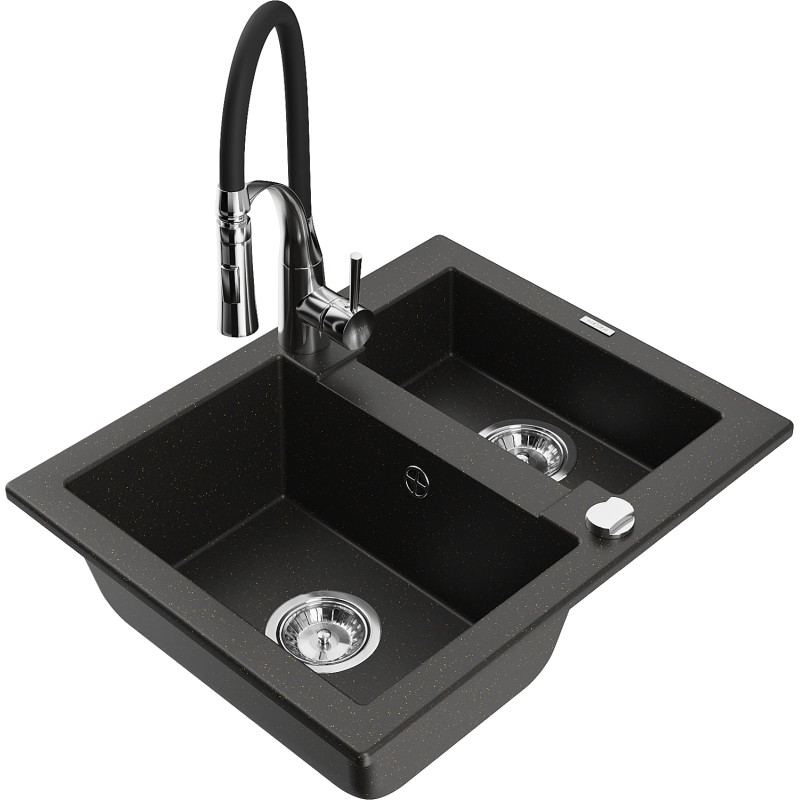 Mexen Carlos 1.5-bowl Granite Sink with Aster Kitchen Faucet, Black/Gold Metallic - 6518-75-73450-07