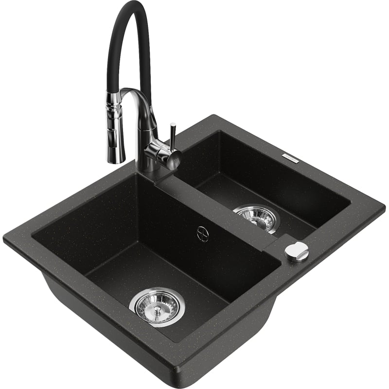 Mexen Carlos granite kitchen sink 1.5-bowl with Aster kitchen faucet, black/gold metallic - 6518-75-73450-07