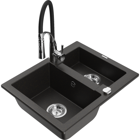 Mexen Carlos granite kitchen sink 1.5-bowl with Aster kitchen faucet, black/gold metallic - 6518-75-73450-07