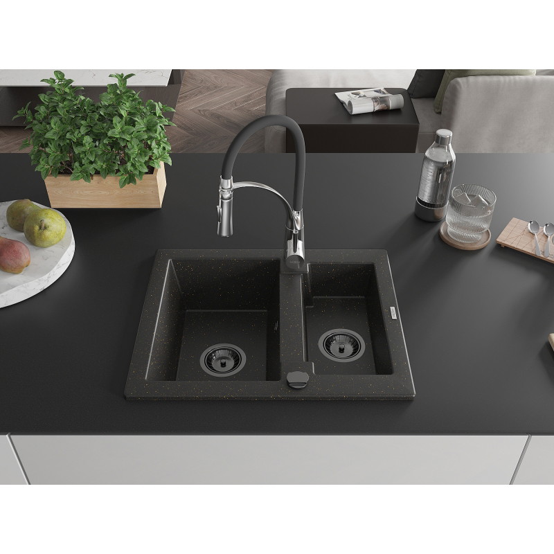 Mexen Carlos 1.5-bowl granite sink with Aster kitchen faucet, black/gold metallic - 6518-75-73450-07-B