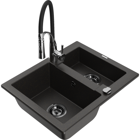 Mexen Carlos 1.5-bowl granite sink with Aster kitchen faucet, black/gold metallic - 6518-75-73450-07-B