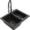 Mexen Carlos 1.5-bowl granite sink with Aster kitchen faucet, black/gold metallic - 6518-75-73450-07-B