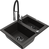 Mexen Carlos 1.5-bowl granite sink with Aster kitchen faucet, black/gold metallic - 6518-75-73450-07-B