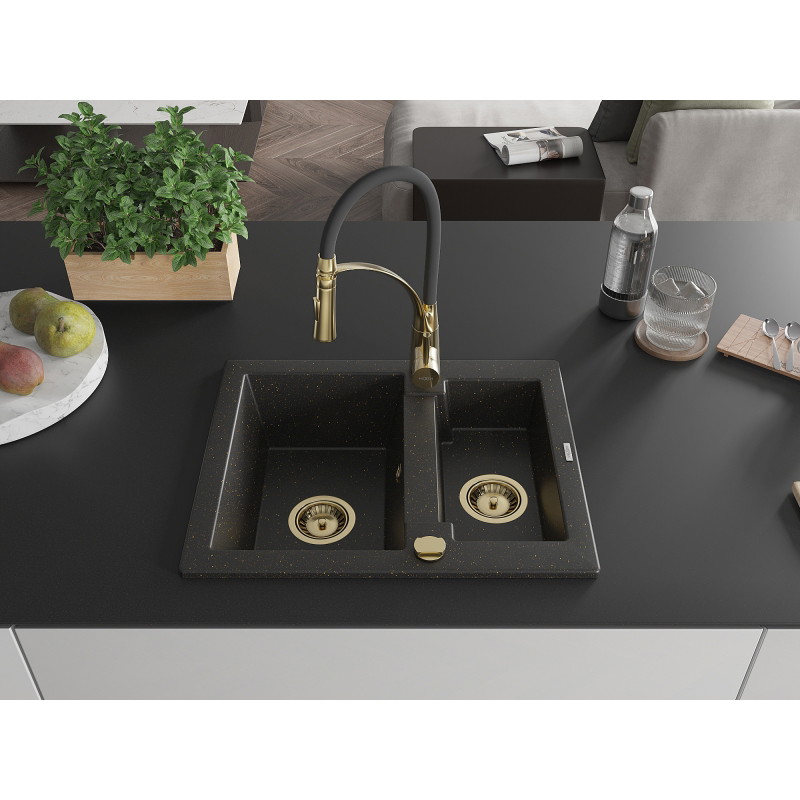 Mexen Carlos granite sink 1.5-bowl with kitchen faucet Aster, black/gold metallic - 6518-75-73450-57-G