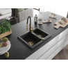 Mexen Carlos granite sink 1.5-bowl with Aster kitchen faucet, black/gold metallic - 6518-75-73450-57-G