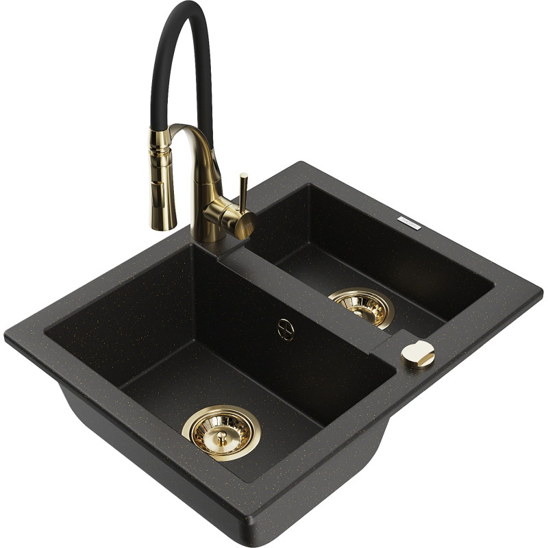 Mexen Carlos granite sink 1.5-bowl with Aster kitchen faucet, black/gold metallic - 6518-75-73450-57-G