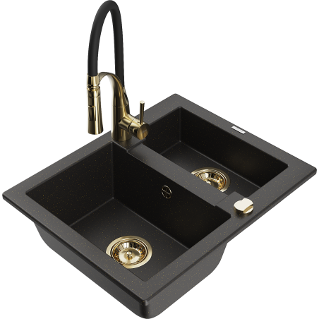 Mexen Carlos 1-compartment granite sink with a kitchen mixer tap Aster, Black/Gold metallic - 6518-75-73450-57-G