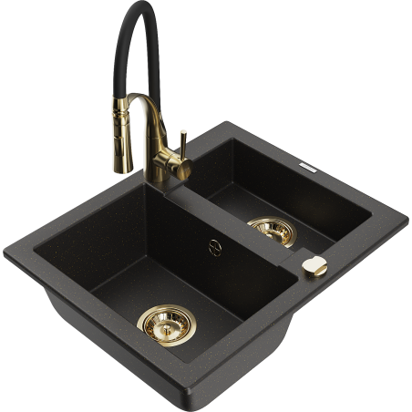 Mexen Carlos granite sink 1.5-bowl with Aster kitchen faucet, black/gold metallic - 6518-75-73450-57-G