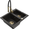Mexen Carlos granite sink 1.5-bowl with Aster kitchen faucet, black/gold metallic - 6518-75-73450-57-G