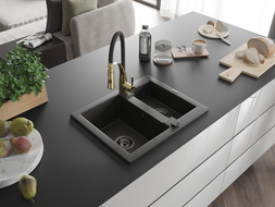 Mexen Carlos granite sink 1.5-bowl with Aster kitchen tap, black/gold metallic - 6518-75-73450-57-B