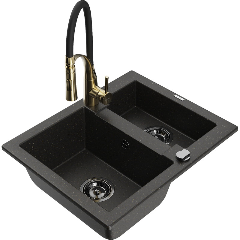 Mexen Carlos granite sink 1.5-bowl with Aster kitchen faucet, black/gold metallic - 6518-75-73450-57-B