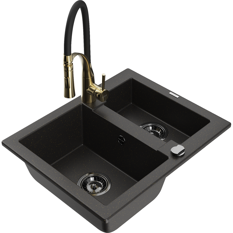 Mexen Carlos granite sink 1.5-bowl with Aster kitchen tap, black/gold metallic - 6518-75-73450-57-B