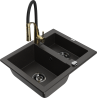 Mexen Carlos 1.5-bowl granite sink with Aster kitchen faucet, black/gold metallic - 6518-75-73450-57-B