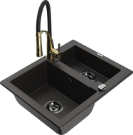 Mexen Carlos granite sink 1.5-bowl with Aster kitchen tap, black/gold metallic - 6518-75-73450-57-B