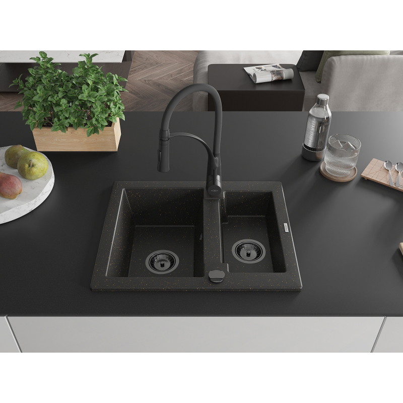 Mexen Carlos granite sink 1.5 bowl with Aster kitchen faucet, black/gold metallic - 6518-75-73450-70-B