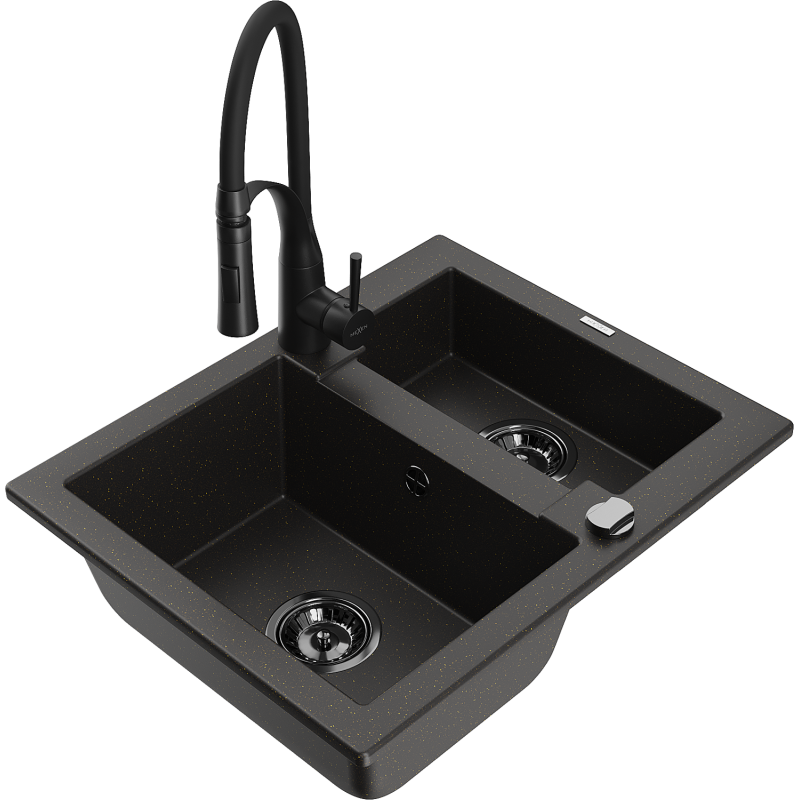 Mexen Carlos 1.5-bowl granite sink with Aster kitchen tap, black/gold metallic - 6518-75-73450-70-B