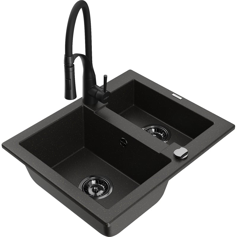 Mexen Carlos granite kitchen sink 1.5-bowl with Aster kitchen faucet, black/golden metallic - 6518-75-73450-70-B