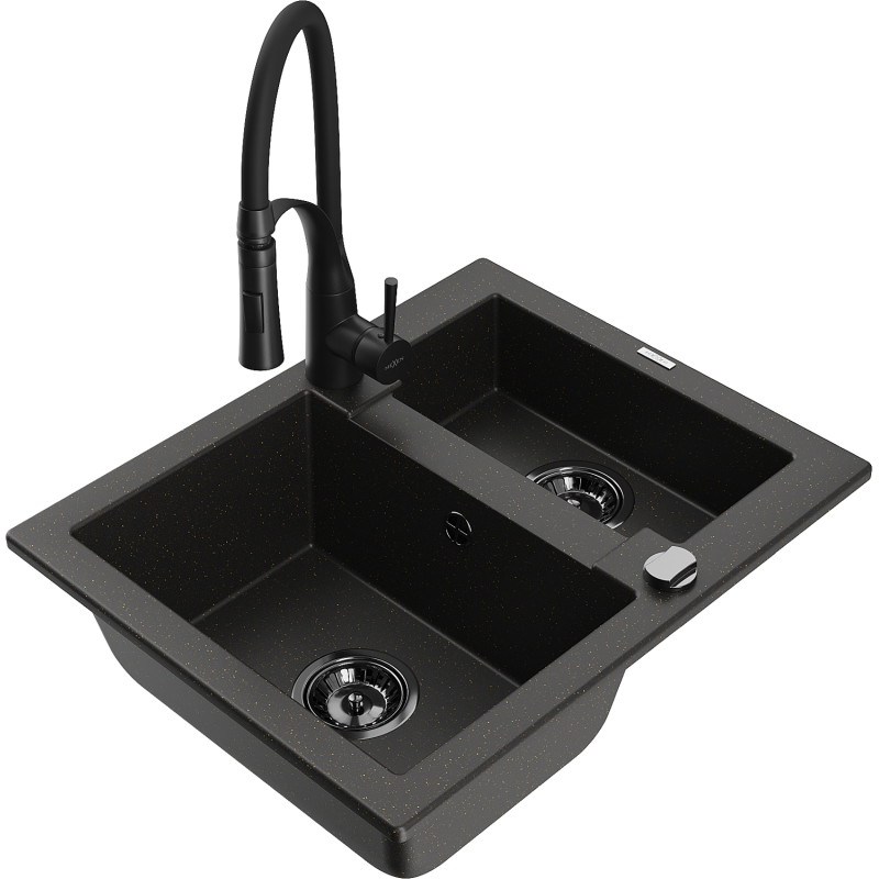 Mexen Carlos granite sink 1.5 bowl with Aster kitchen faucet, black/gold metallic - 6518-75-73450-70-B