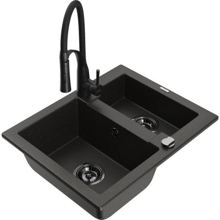 Mexen Carlos 1.5-bowl granite sink with Aster kitchen tap, black/gold metallic - 6518-75-73450-70-B