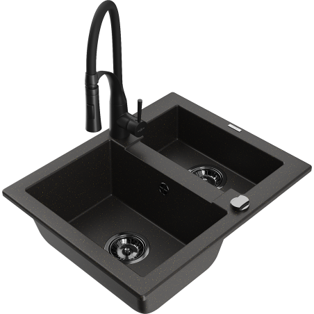 Mexen Carlos granite kitchen sink 1.5-bowl with Aster kitchen faucet, black/golden metallic - 6518-75-73450-70-B
