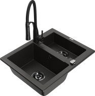 Mexen Carlos granite sink 1.5 bowl with Aster kitchen faucet, black/gold metallic - 6518-75-73450-70-B