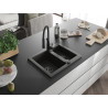 Mexen Carlos granite kitchen sink 1.5-bowl with Aster kitchen faucet, black/golden metallic - 6518-75-73450-70-B