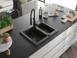 Mexen Carlos granite sink 1.5 bowl with Aster kitchen faucet, black/gold metallic - 6518-75-73450-70-B