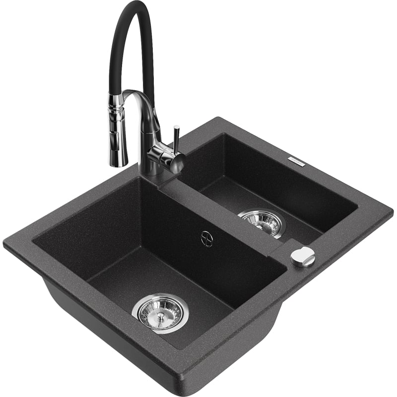 Mexen Carlos granite sink 1.5-bowl with Aster kitchen faucet, black speckled - 6518-76-73450-07