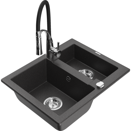 Mexen Carlos granite sink 1.5-bowl with Aster kitchen faucet, black speckled - 6518-76-73450-07