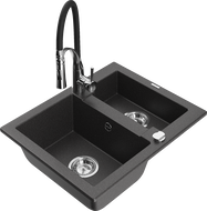 Mexen Carlos granite sink 1.5-bowl with Aster kitchen faucet, black speckled - 6518-76-73450-07