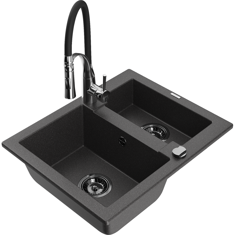 Mexen Carlos 1-compartment granite sink with a kitchen mixer tap Aster, spotted black - 6518-76-73450-07-B