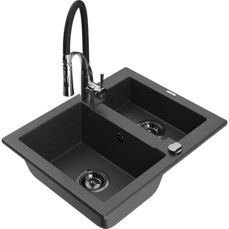 Mexen Carlos 1.5-bowl granite sink with Aster kitchen faucet, black speckled - 6518-76-73450-07-B