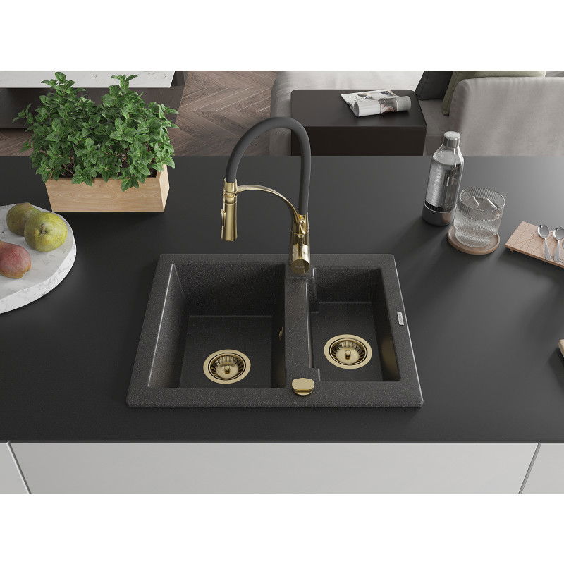 Mexen Carlos 1.5-bowl granite sink with Aster kitchen tap, speckled black - 6518-76-73450-57-G