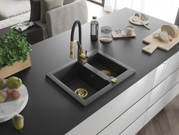 Mexen Carlos 1.5-bowl granite sink with Aster kitchen faucet, speckled black - 6518-76-73450-57-G