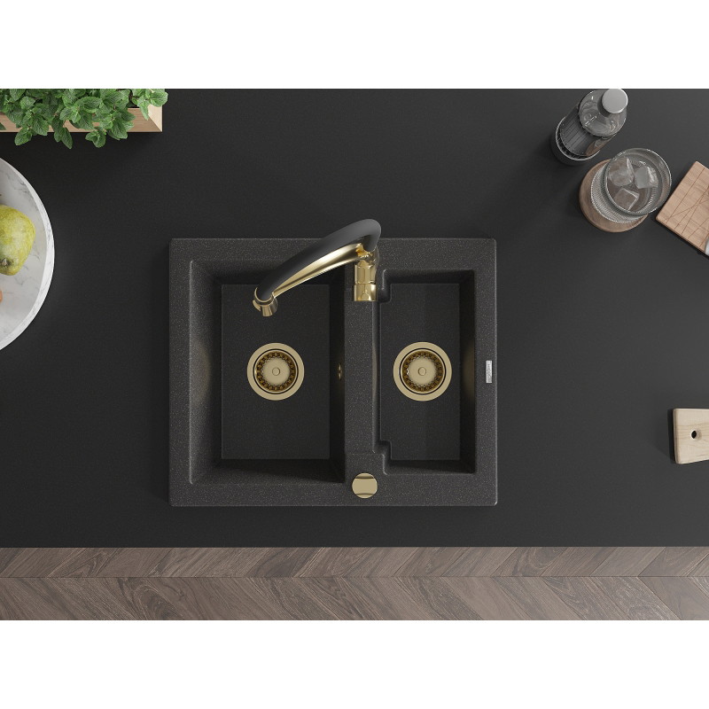 Mexen Carlos granite sink 1.5-bowl with kitchen faucet Aster, speckled black - 6518-76-73450-57-G