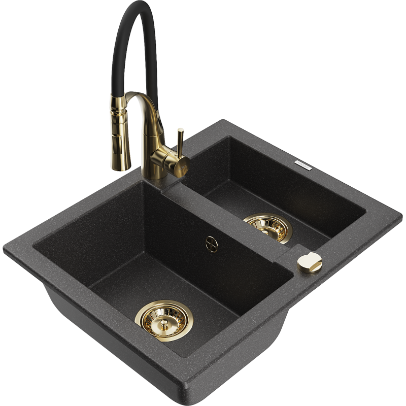 Mexen Carlos 1.5-bowl granite sink with Aster kitchen tap, speckled black - 6518-76-73450-57-G