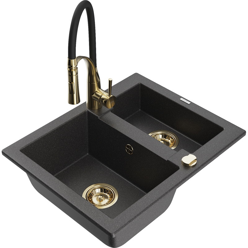Mexen Carlos granite sink 1.5-bowl with kitchen faucet Aster, speckled black - 6518-76-73450-57-G