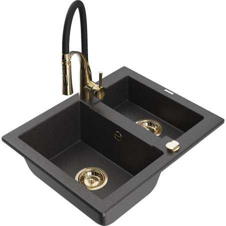 Mexen Carlos 1.5-bowl granite sink with Aster kitchen faucet, speckled black - 6518-76-73450-57-G