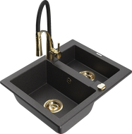 Mexen Carlos 1.5-bowl granite sink with Aster kitchen faucet, speckled black - 6518-76-73450-57-G