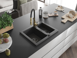 Mexen Carlos 1.5-bowl granite sink with Aster kitchen faucet, black speckled - 6518-76-73450-57-B