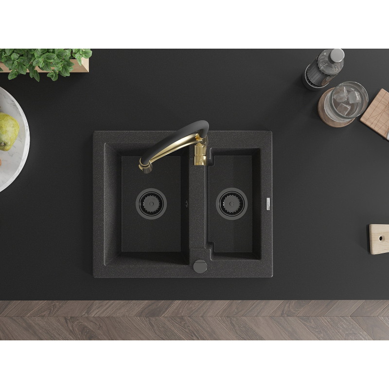 Mexen Carlos granite sink 1.5-bowl with Aster kitchen faucet, black speckled - 6518-76-73450-57-B
