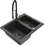 Mexen Carlos 1.5-bowl granite sink with Aster kitchen faucet, black speckled - 6518-76-73450-57-B