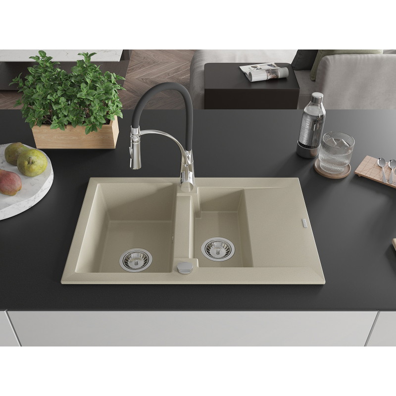 Mexen Gaspar 1.5-bowl granite sink with drainer and Aster kitchen faucet, beige - 6507-69-73450-07