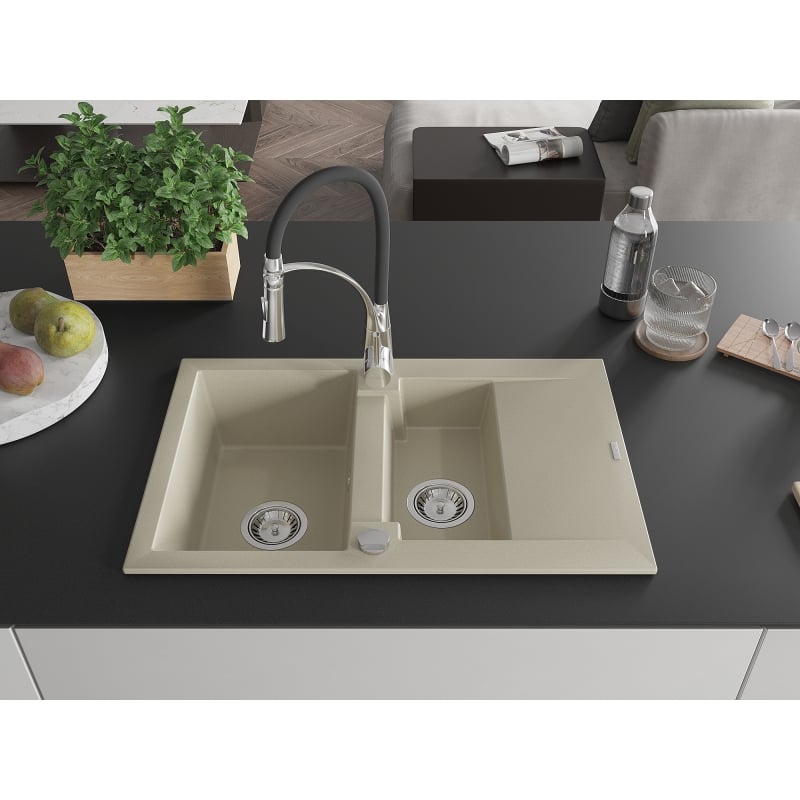 Mexen Gaspar granite sink 1.5-bowl with drainer and kitchen faucet Aster, beige - 6507-69-73450-07