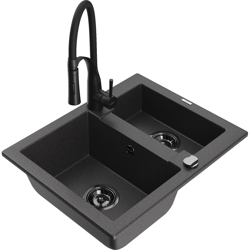 Mexen Carlos 1-compartment granite sink with a kitchen mixer tap Aster, spotted black - 6518-76-73450-70-B