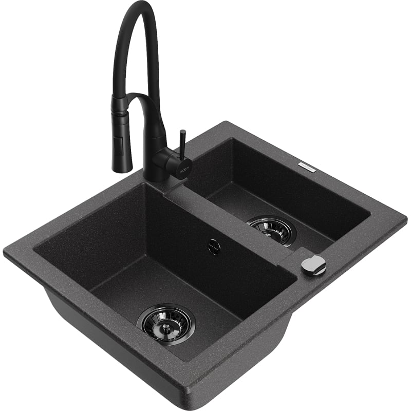 Mexen Carlos 1.5-bowl granite sink with Aster kitchen faucet, speckled black - 6518-76-73450-70-B