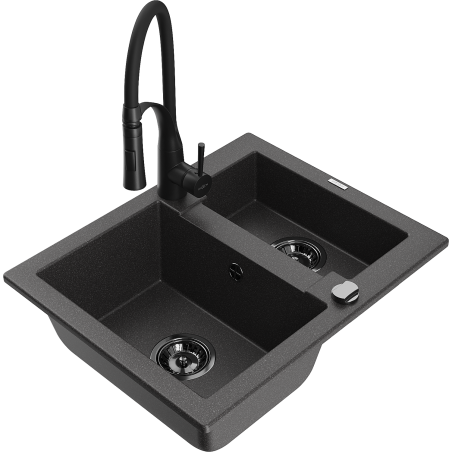 Mexen Carlos 1.5-bowl granite sink with Aster kitchen faucet, speckled black - 6518-76-73450-70-B