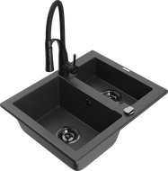 Mexen Carlos granite kitchen sink 1.5-bowl with Aster kitchen tap, black speckled - 6518-76-73450-70-B