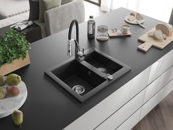Mexen Carlos 1.5-bowl granite sink with Aster kitchen faucet, black - 6518-77-73450-07